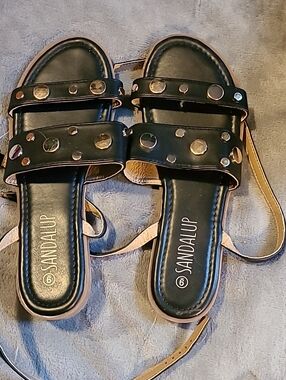 Black Studded Double-Strap Women’s Sandals